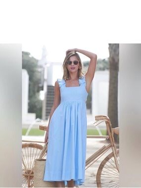 Lake Lolly Dress in Morning Blue Swiss Dot M Midi EUC Feminine Ruffles Pockets
